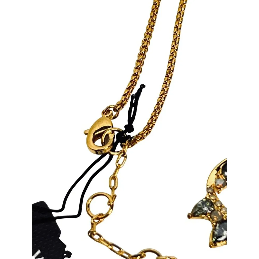 Vince Camuto Gold Tone Necklace With Green And Opaque Rhinestones Pendant (6267) - Picture 7 of 7